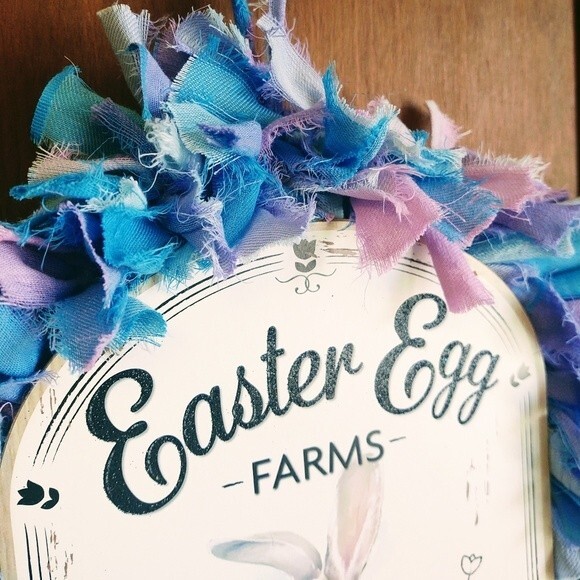 Hand Crafted Easter Bunny Egg Pastel Fabric Rag Wreath, Easter Egg Farms Sign - Picture 6 of 14